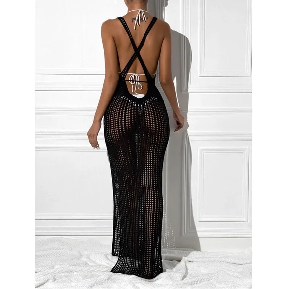 Black Knitted Long Swim Coverup Open Back Waist Ties - Picture 1 of 6